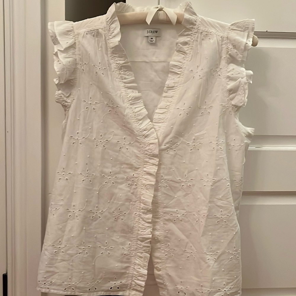 J. Crew White Eyelet Ruffle Cap-Sleeve Blouse